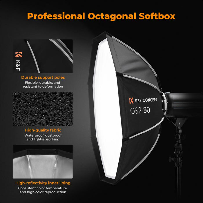 K&F CONCEPT Flat Octagonal Softbox (with Grid, Bowen Mount, Quick Release) - 90cm