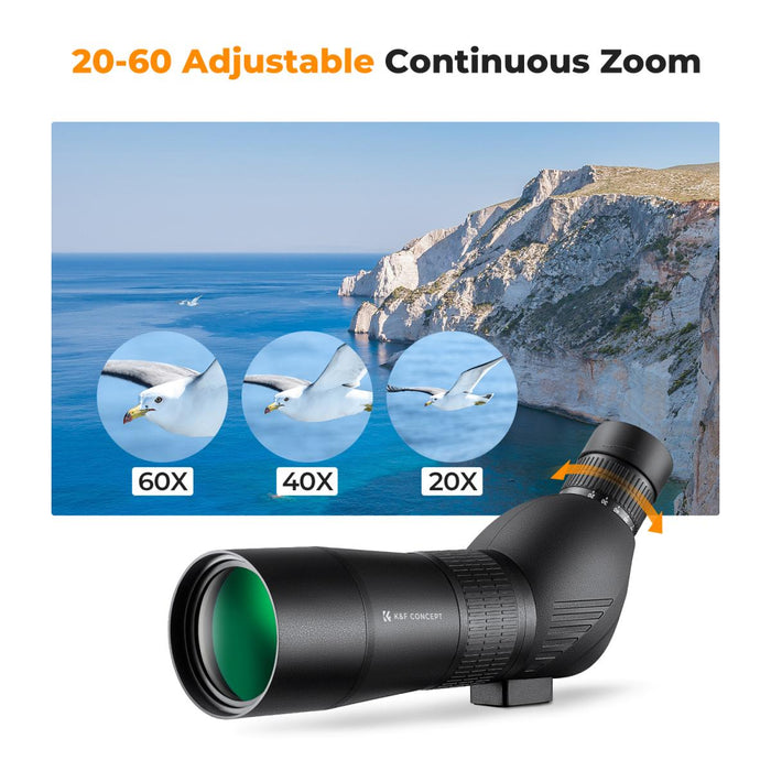 K&F CONCEPT 20-60x60 Waterproof Spotting Scope w/ Tripod & Phone Adapter - IP56, BAK4 prism, 45° angled eyepiece, multi-coated lens