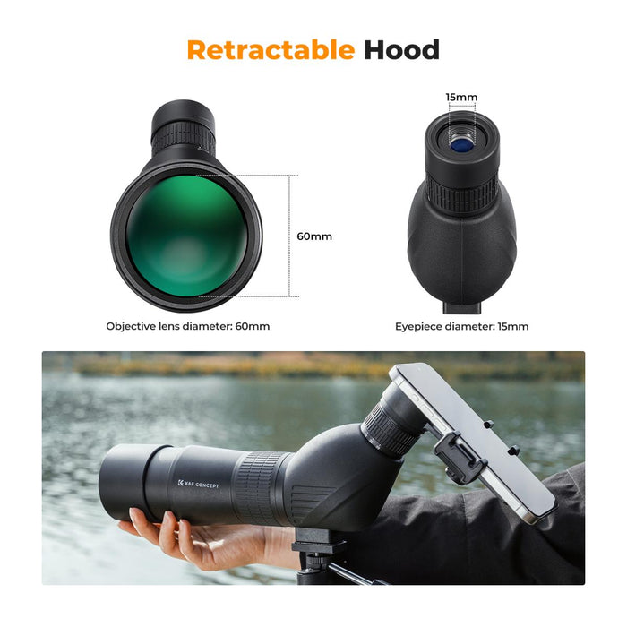 K&F CONCEPT 20-60x60 Waterproof Spotting Scope w/ Tripod & Phone Adapter - IP56, BAK4 prism, 45° angled eyepiece, multi-coated lens