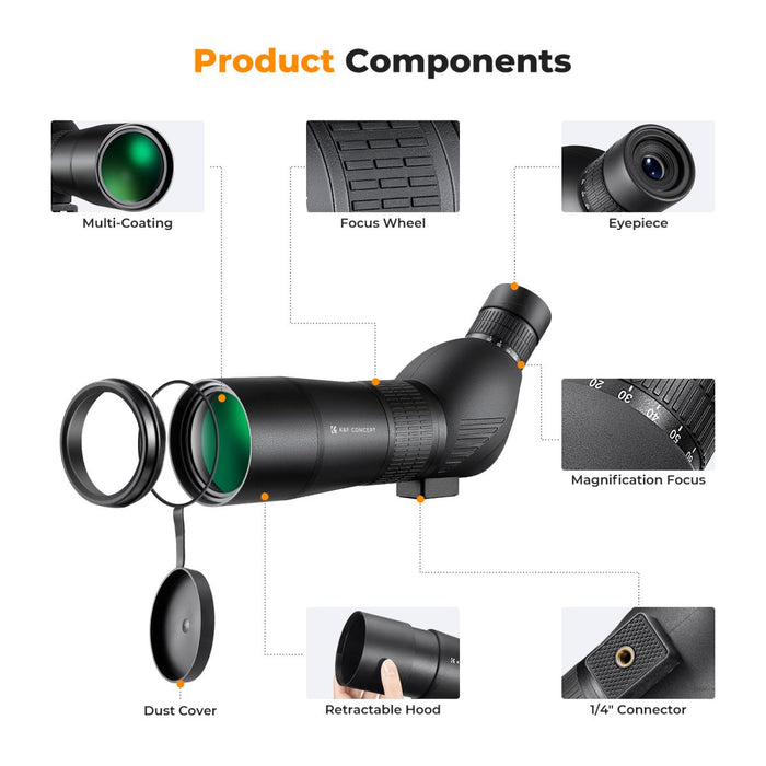 K&F CONCEPT 20-60x60 Waterproof Spotting Scope w/ Tripod & Phone Adapter - IP56, BAK4 prism, 45° angled eyepiece, multi-coated lens