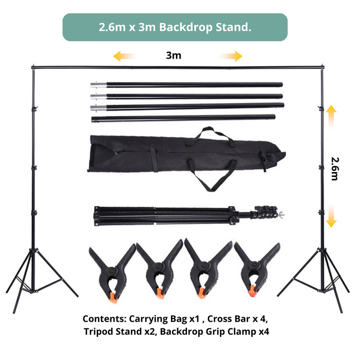 OEM (Generic) Photography & Studio Backdrop Stand Set with 4-Sections Crossbar - 3m (W) x 2.6m (H)
