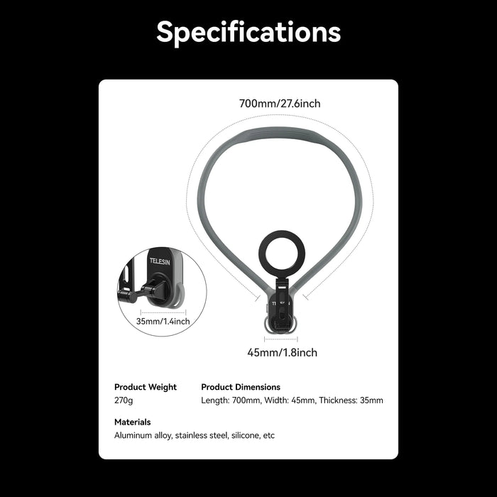 TELESIN Neck Mount w/ Magnetic (MagSafe) Phone Mount - MAX Version (Grey)