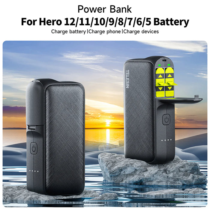 TELESIN Dual Slots Charger Box with Battery (Powerbank) for GoPro Hero 12/ 11/ 10/ 9/ 8/ 7/ 6/ 5
