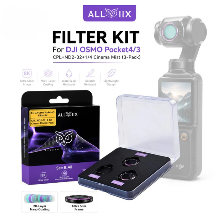 ALLVIIX Magnetic Filter Set for DJI Osmo Pocket 4/ 3 - CPL + Variable ND2-ND32 + 1/4" Cinema Mist