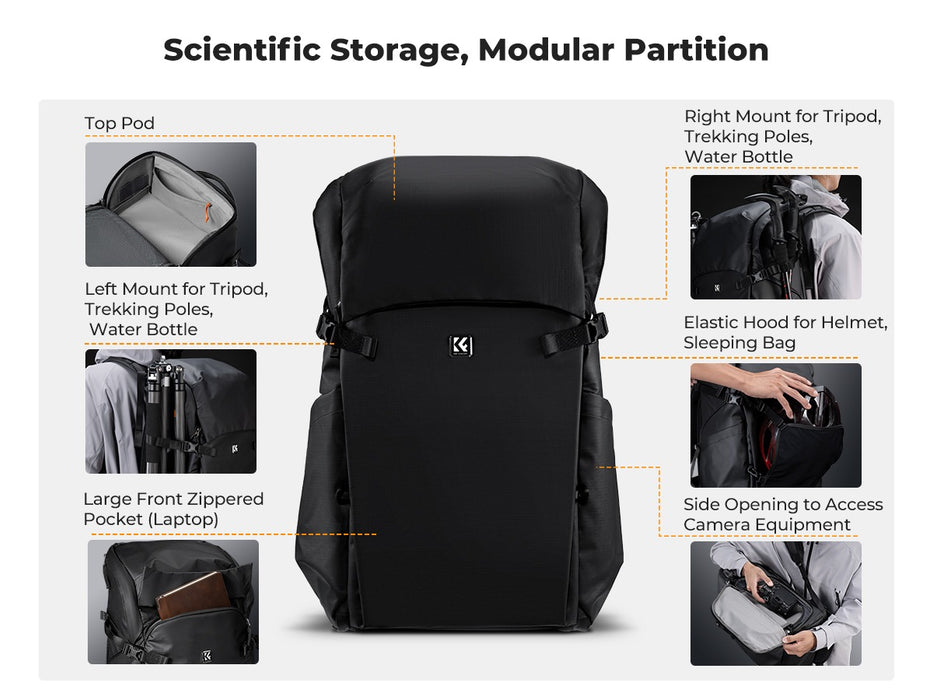 K&F CONCEPT Nature Wander 30L Outdoor Camera Backpack for Hiking & Camping (Black)