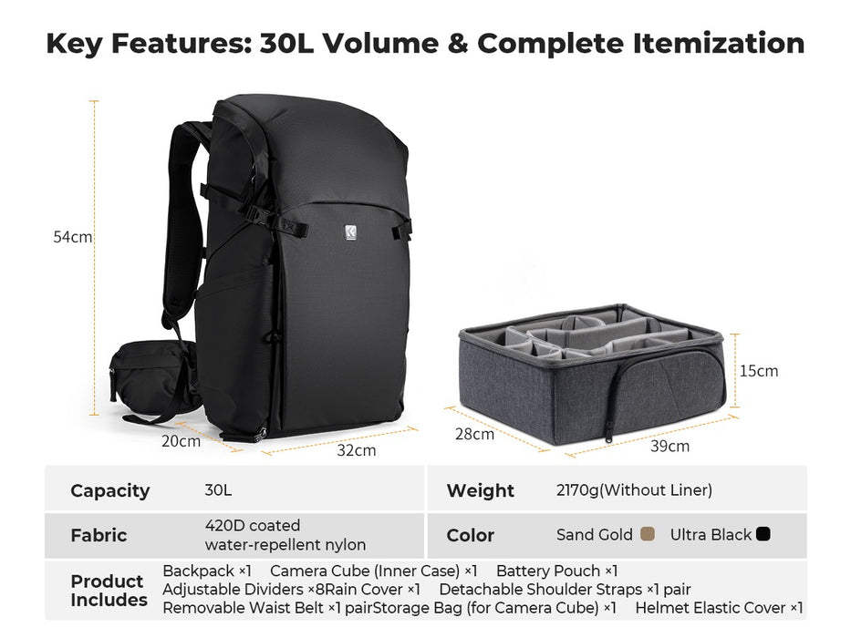 K&F CONCEPT Nature Wander 30L Outdoor Camera Backpack for Hiking & Camping (Black)