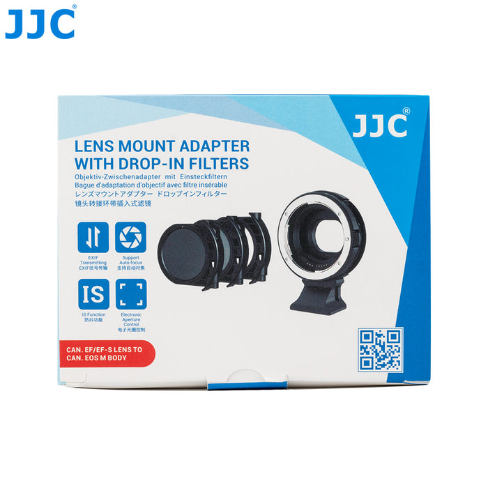 JJC Lens Mount Adapter with Drop-In Filters allows you to mount any Canon EF/EF-S lens onto Canon EOS R mirrorless cameras