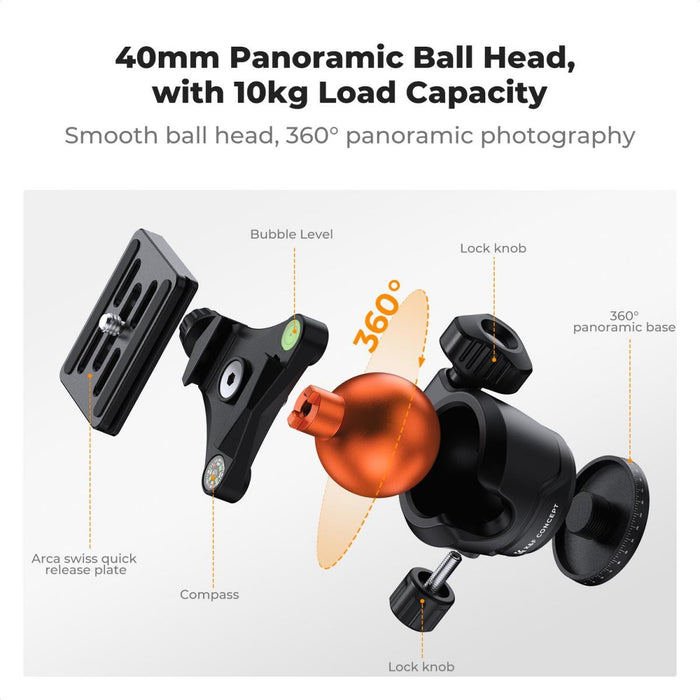 K&F CONCEPT O235A1 Aluminum Travel Tripod w/ BH-40 Ball Head for Camera & with Phone Holder