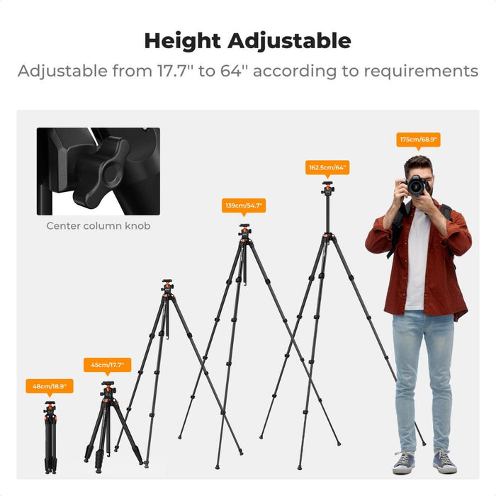 K&F CONCEPT O235A1 Aluminum Travel Tripod w/ BH-40 Ball Head for Camera & with Phone Holder