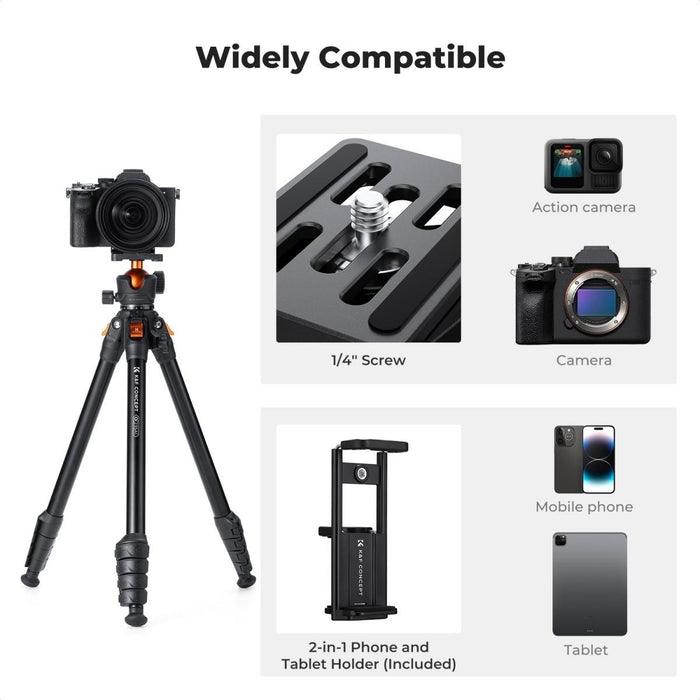 K&F CONCEPT O235A1 Aluminum Travel Tripod w/ BH-40 Ball Head for Camera & with Phone Holder