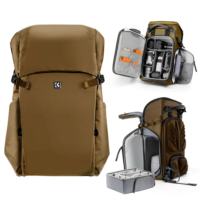 K&F CONCEPT Nature Wander 30L Outdoor Camera Backpack for Hiking & Camping (Champagne Brown)