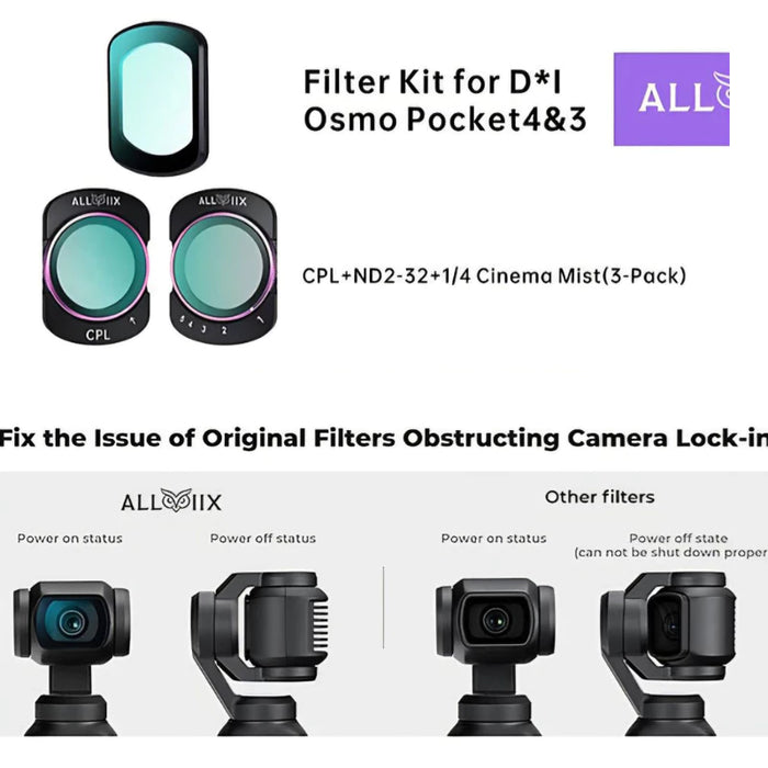 ALLVIIX Magnetic Filter Set for DJI Osmo Pocket 4/ 3 - CPL + Variable ND2-ND32 + 1/4" Cinema Mist