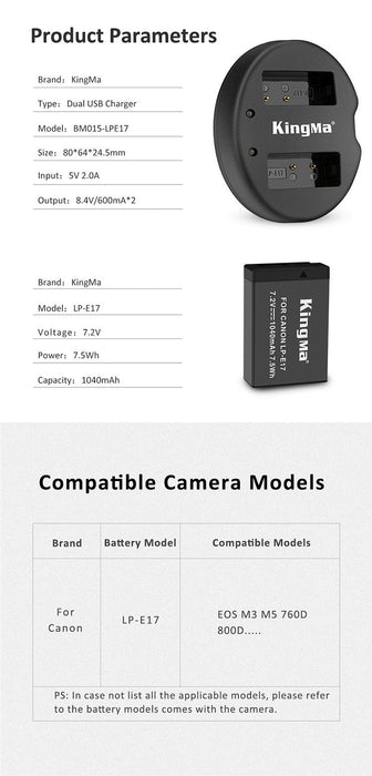 KINGMA Dual Battery Charger (BM015) with 2 x Replacement Battery Kit for Canon LP-E17 (compatible with Canon EOS RP, 77D, 200D, 760D, 750D, 800D, 850D) - 673SHOP.com