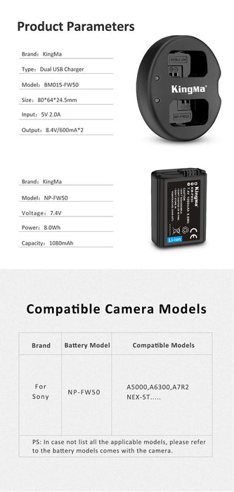 KINGMA Dual Battery Charger (BM015) with 2 x Replacement Battery Kit for Sony NP-FW50 (compatible with Sony A7, A7R II, A7 II, A7S II, A6000, A6300) - 673SHOP.com