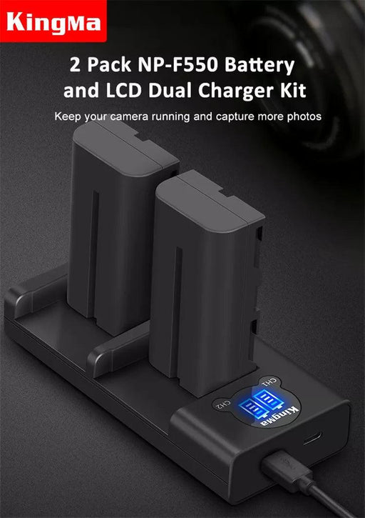 KINGMA Dual LCD Battery Charger (BM048) with 2 x Replacement Battery (NP-F750/ F-770, 4,400 mAh) Kit for Sony NP-F970 F960 F770 F750 F550 (for most Sony camcorder and most video light, studio flash & monitor) - 673SHOP.com