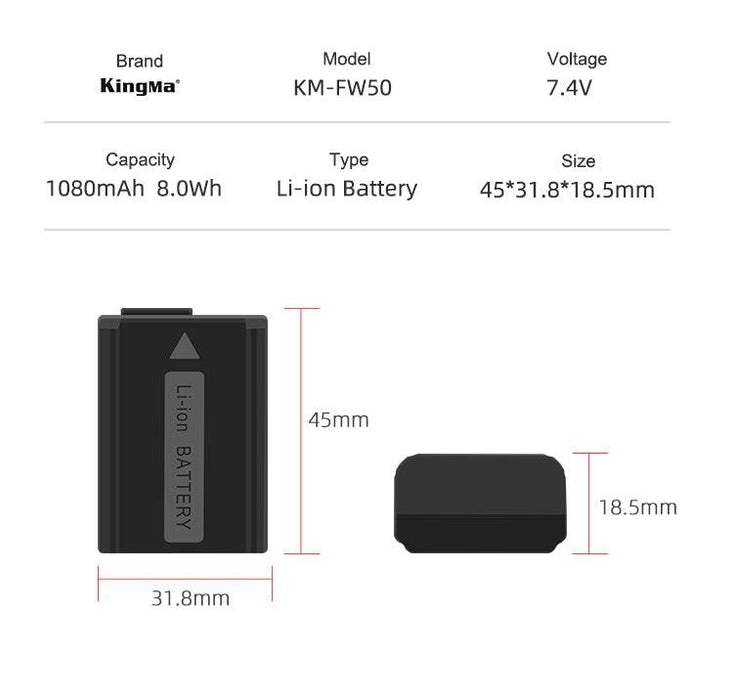 KINGMA LCD Dual Battery Charger (BM058) with 2 x Replacement Battery Kit for Sony NP-FW50 (compatible with Sony A7, A7R II, A7 II, A7S II, A6000, A6300) - 673SHOP.com