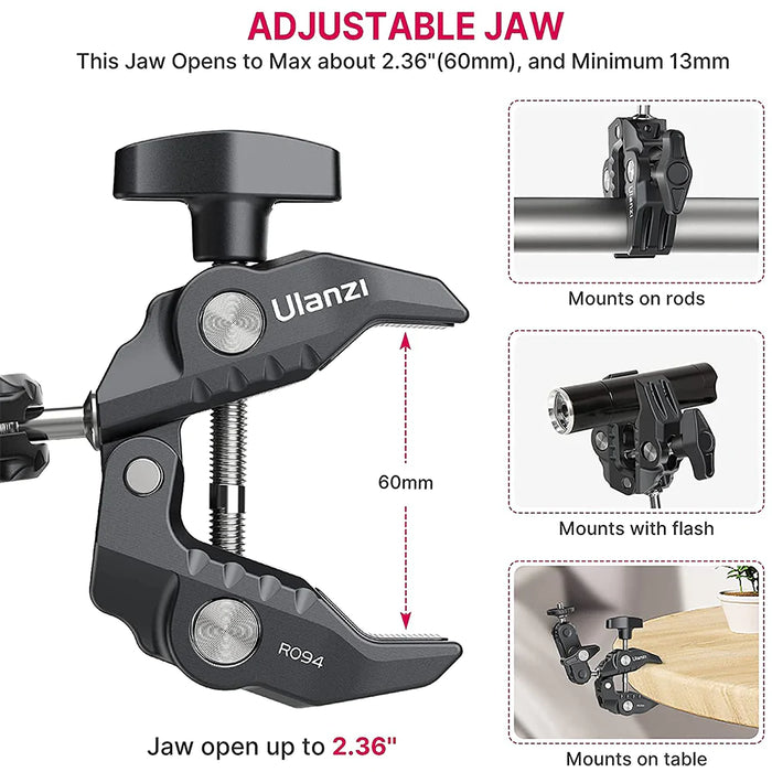 ULANZI Magic Arm met Super Clamp, Dual Camera Clamp Mount met 360° Draaibare Kogel, Dubbele Kogelkopadapter, 1/4 Schroef en ARRI voor Actioncam, Reflector, lampstatief, Statief, Draagvermogen 3,5 kg ULANZI Magic Arm met Super Clamp, Dual Camera Clamp Mount met 360° Draaibare Kogel, Dubbele Kogelkopadapter, 1/4 Schroef en ARRI voor Actioncam, Reflector, lampstatief, Statief, Draagvermogen 3,5 kg